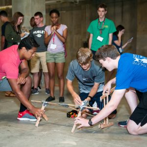 150776, SITE Engineering Summer Camp annual design competition with catapults in basement of NERC, shot 07-23-15