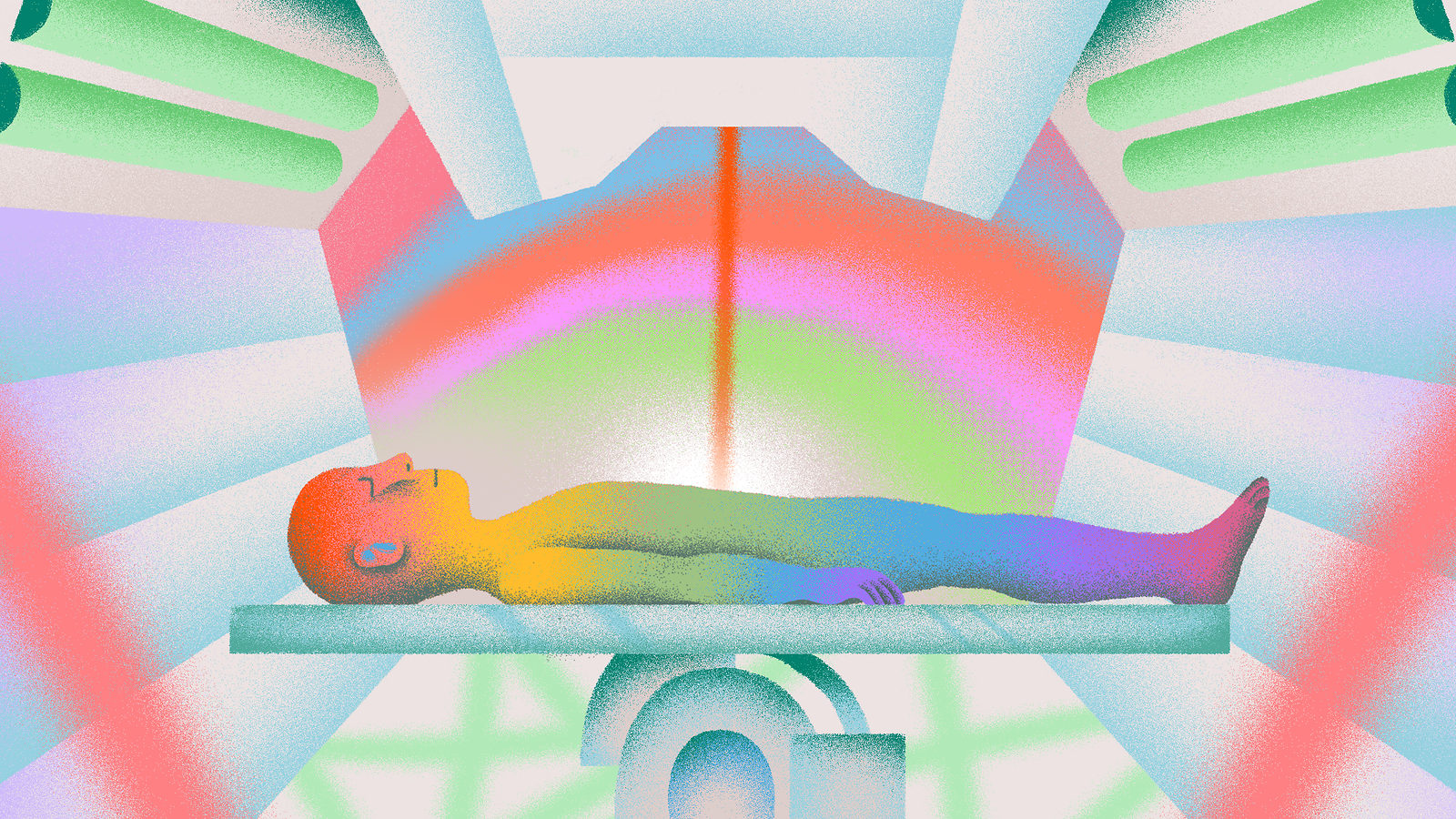 an illustration of a man laying on a table with many colors all around