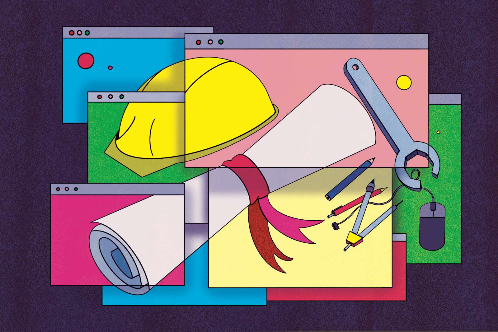 illustration of hard hat and diploma in various web browser windows