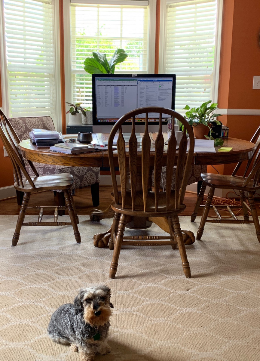 A kitchen table with a computer on it and a dog below