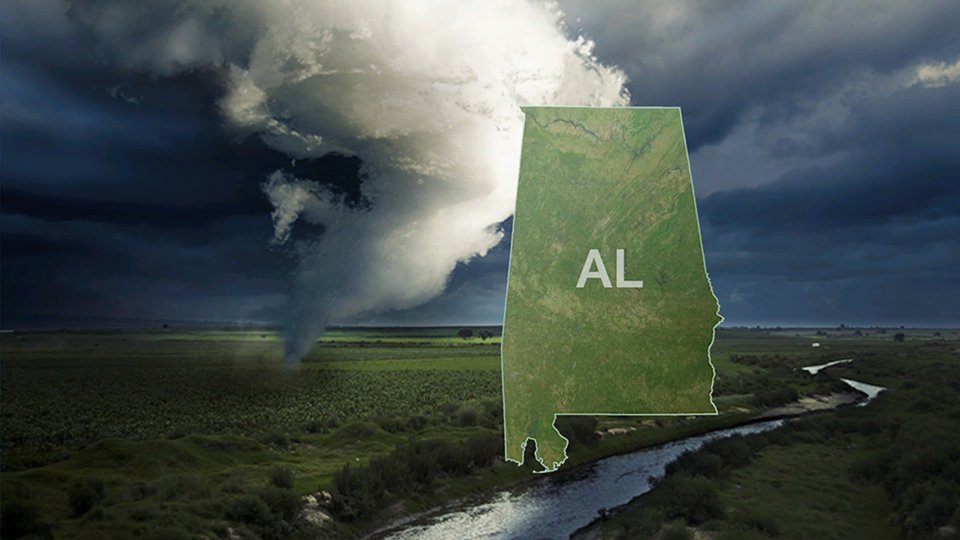 graphic of weather storm forming and the state shape of Alabama on it