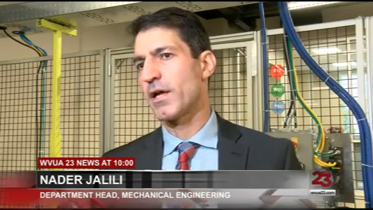 News screen capture of Dr. Jalili talking in the IMaDE lab