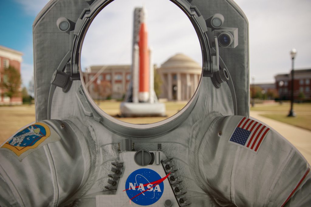 A view of the rocket on the engineering quad as seen through the astronaut photo opportunity